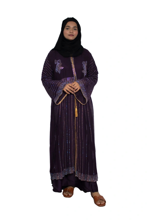 Humeira Abaya Dubai Style Stone Work Abaya Shrug in Al Nida Fabric Heavy Double Abaya Stone Line Sherwani Beige - 54, Beige, 300 gms