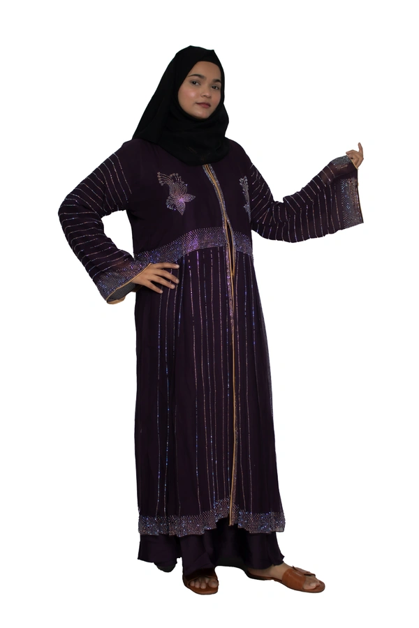 Humeira Abaya Dubai Style Stone Work Abaya Shrug in Al Nida Fabric Heavy Double Abaya Stone Line Sherwani Beige - 54, Beige, 300 gms