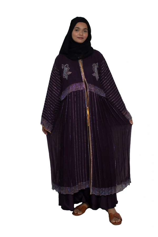 Humeira Abaya Dubai Style Stone Work Abaya Shrug in Al Nida Fabric Heavy Double Abaya Stone Line Sherwani Beige - 54, Beige, 300 gms