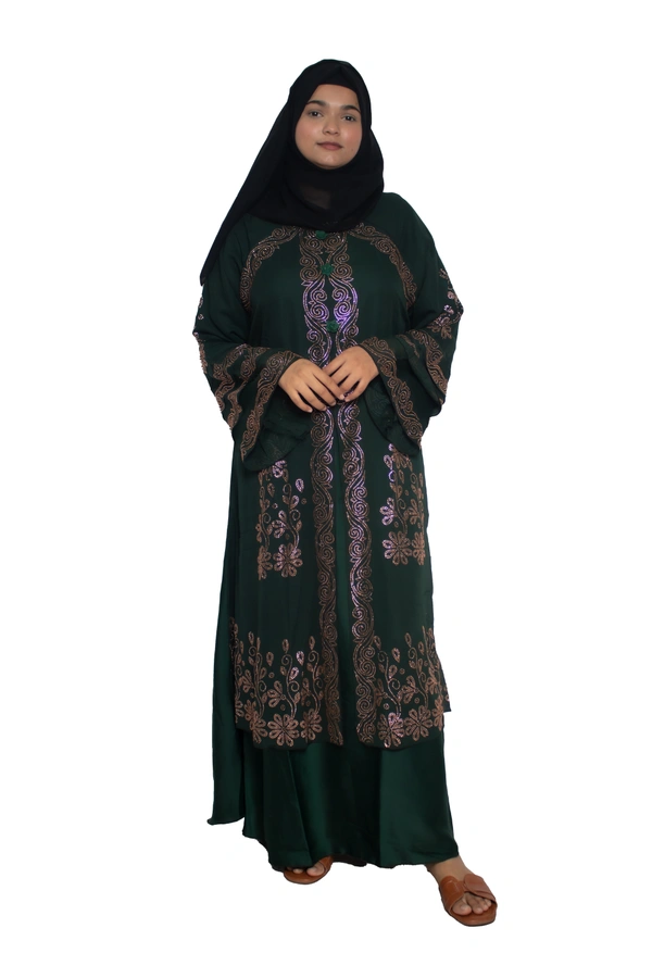 Humeira Abaya Dubai Style Stone Work Abaya Shrug in Al Nida Fabric Heavy Kranti Green - 54, Green, 300 gms