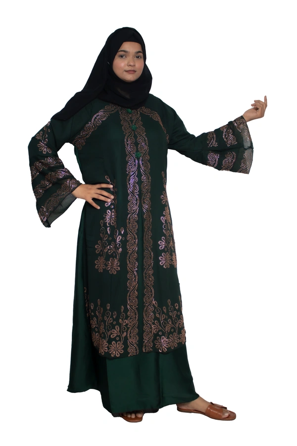 Humeira Abaya Dubai Style Stone Work Abaya Shrug in Al Nida Fabric Heavy Kranti Green - 54, Green, 300 gms