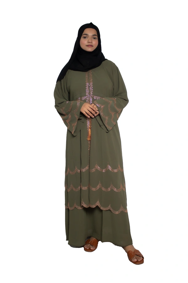 Humeira Abaya Dubai Style Stone Work Abaya Shrug in Al Nida Fabric Simple Sherwani Premium Light GreenColour Botton Triple Layer Laher - 54, Green, 300 gms