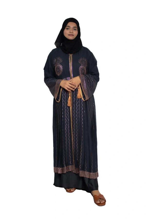 Humeira Abaya Dubai Style Stone Work Abaya Shrug in Al Nida Fabric Heavy Sherwani Double Abaya  Grey - 54, Grey, 300 gms