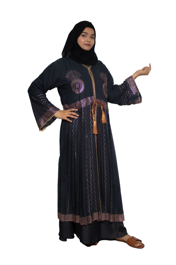 Humeira Abaya Dubai Style Stone Work Abaya Shrug in Al Nida Fabric Heavy Sherwani Double Abaya  Grey - 54, Grey, 300 gms