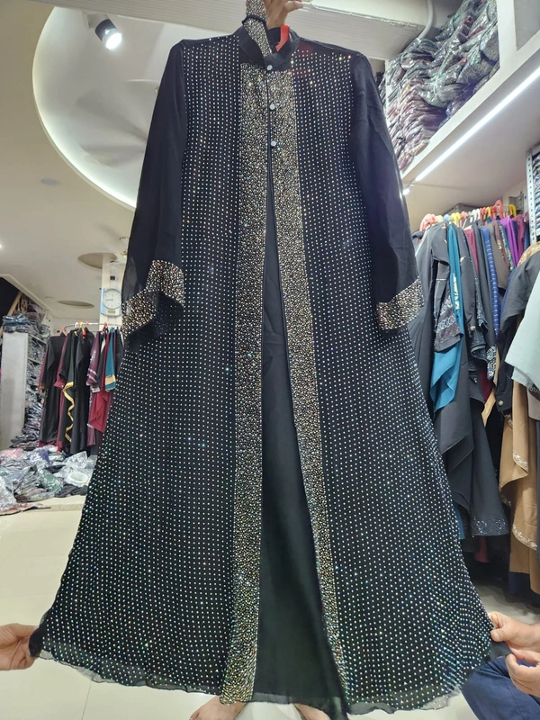 Humeira Abaya Dubai Style Stone Work Abaya Shrug in Al Nida Fabric HA36DP BLACK - 54, BLACK, 300 Grams