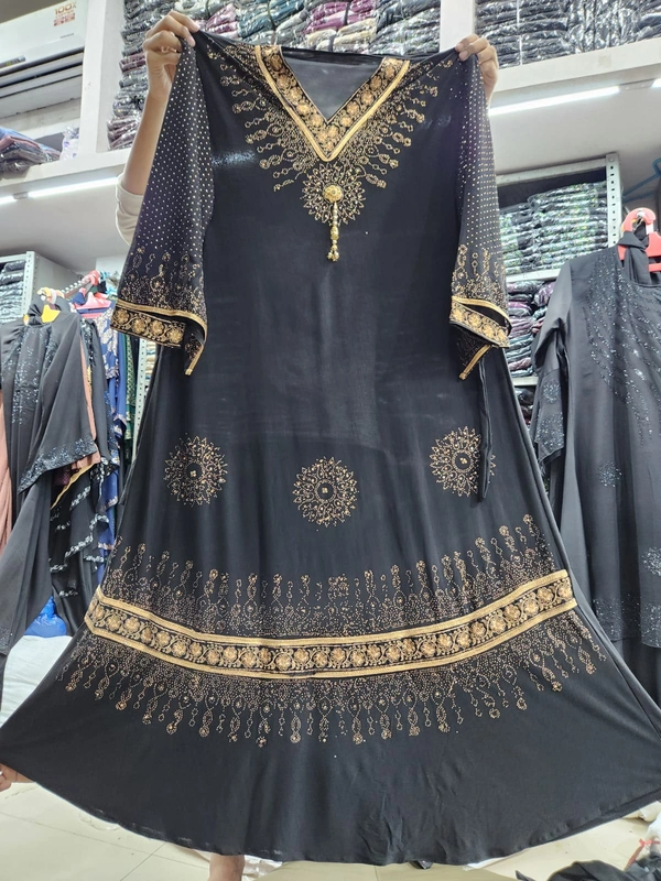Humeira Abaya Traditional Stone Work Abaya Burkha in cristal Fabric HA56DP BLACK - 54, BLACK, 300 Grams