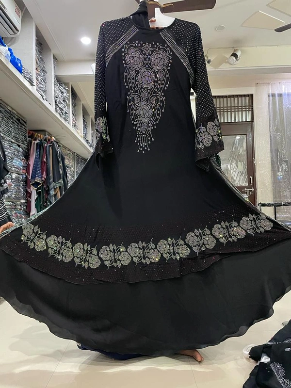 Humeira Abaya Traditional Stone Work Abaya Burkha in Al Nida Fabric HA106DP BLACK - 54, BLACK, 300 Grams