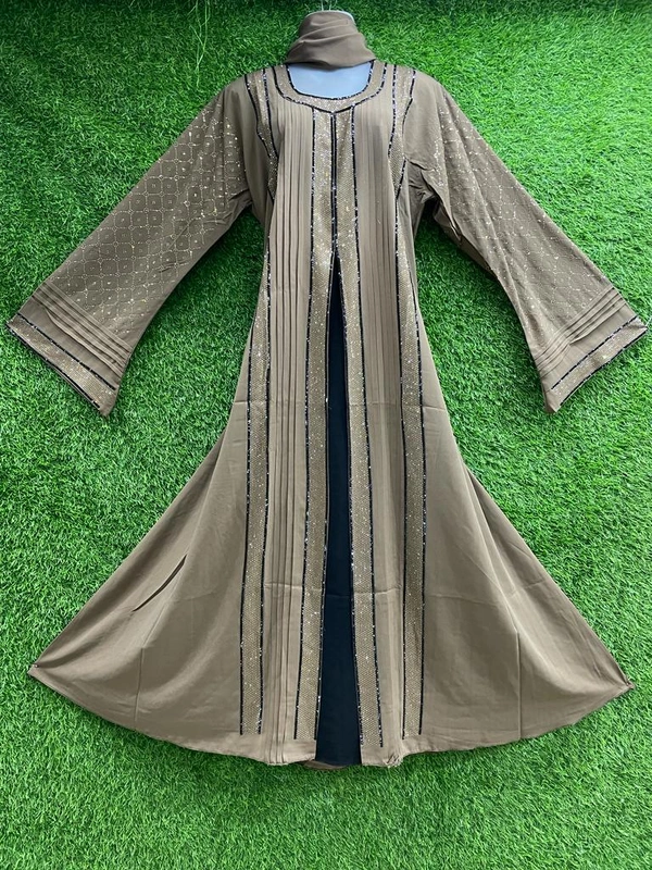 Humeira Abaya Traditional Stone Work Abaya Burkha in Firdous Fabric HA98DP BROWN - 54, BROWN, 300 Grams