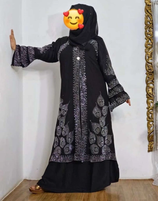 Humeira Abaya Traditional Stone Work Abaya Burkha in Al Nida Fabric HA59DP BLACK - 54, BLACK, 300 Grams