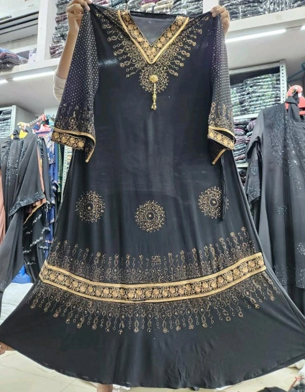 Humeira Abaya Traditional Stone Work Abaya Burkha in cristal Fabric HA47DP BLACK - 54, BLACK, 300 Grams