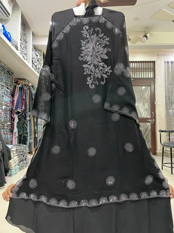 Humeira Abaya Traditional Stone Work Abaya Burkha in Al Nida Fabric HA107DP BLACK - 54, BLACK, 300 Grams