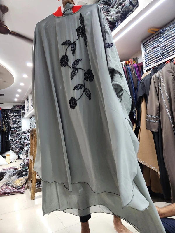 Humeira Abaya Traditional Stone Work Abaya Farasha in Diamond Geogette Fabric HA44DP GREY - 54, GREY, 300 Grams