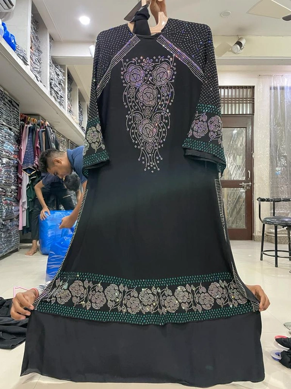 Humeira Abaya Stone Work Abaya Burkha in Al Nida Fabric HA115DP BLACK - 54, BLACK, 300 Grams