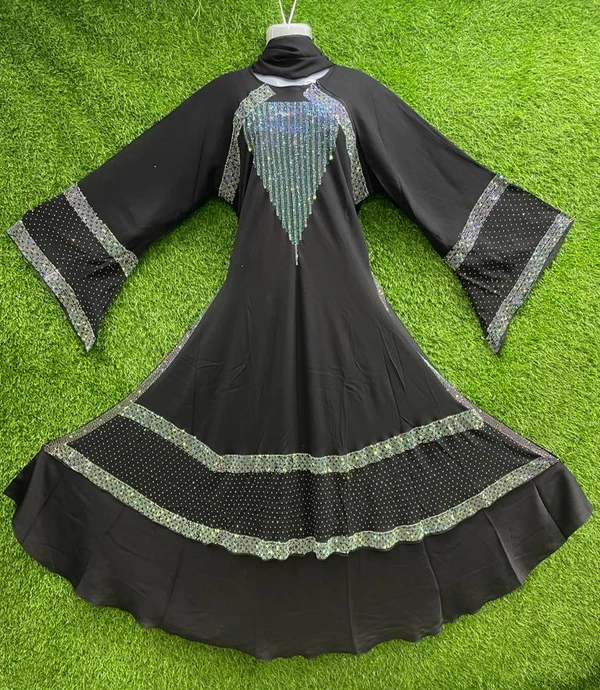 Humeira Abaya Stone Work Abaya Burkha in Al Nida Fabric HA116DP BLACK - 54, BLACK, 300 Grams