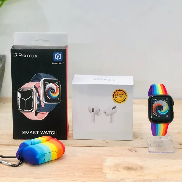 Cybzone Combo Special Offer | I7 Pro Max Series 7 Smartwatch | AirPods Pro Awesome Quality With Silicon Case | Rainbow Strap And Case - Random Colors