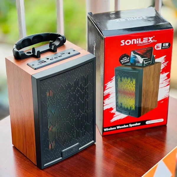 Authentic Product Sonilex Wooden Portable Wireless Splashproof Bluetooth Sonilex Speaker with in-Built FM Radio and Mic (Wooden) - 1 Month Warranty, Brown