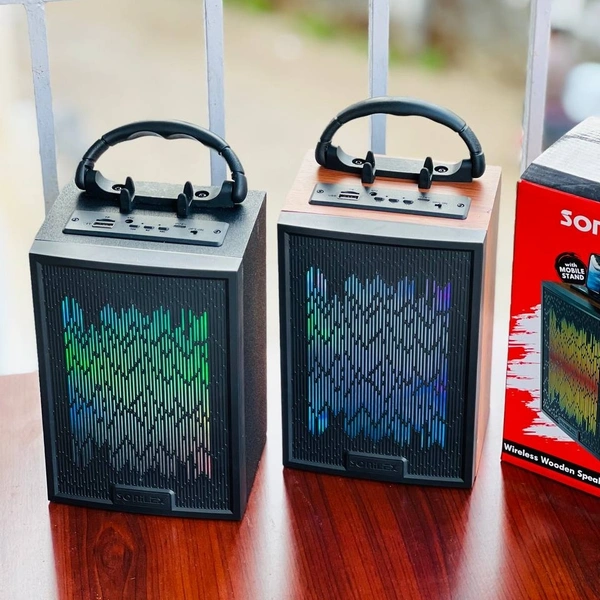 Authentic Product Sonilex Wooden Portable Wireless Splashproof Bluetooth Sonilex Speaker with in-Built FM Radio and Mic (Wooden) - 1 Month Warranty, Brown