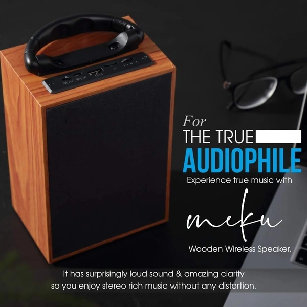 Authentic Product Sonilex Wooden Portable Wireless Splashproof Bluetooth Sonilex Speaker with in-Built FM Radio and Mic (Wooden) - 1 Month Warranty, Brown