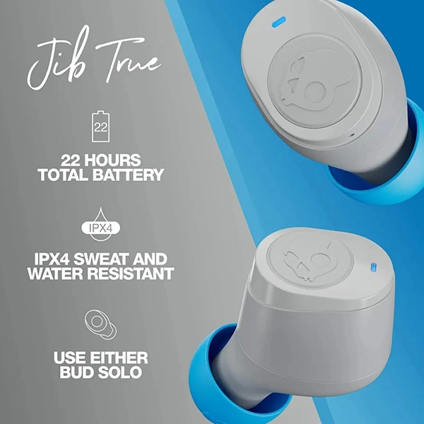 Skullcandy Jib True Wireless Earbud with Microphone / 22 Hour Battery Life / Use with iPhone and Android / Best for Gym, and Gaming / Bluetooth Earbud Headphones - Gray, 3 Months Cybzone Warranty