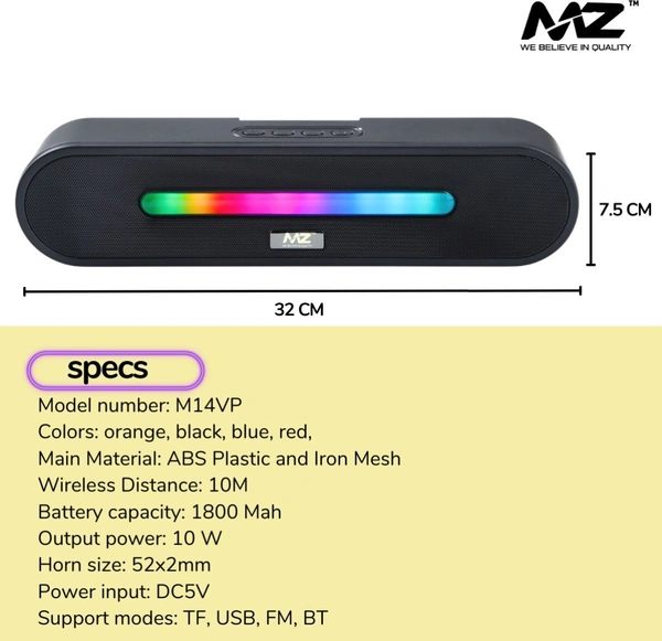 MZ M14VP (PORTABLE HOME TV SOUNDBAR) Dynamic Thunder Sound 1800mAh Battery 10 W Bluetooth Soundbar (Multicolor, Stereo Channel)