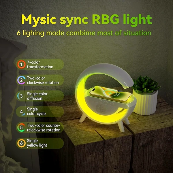 Wireless Charging Atmosphere Lamp with Bluetooth Speaker FM Radio 6 RGB Music sync Lighting Mode for Bedroom Office Birthday Gift for Women Men Girls Boys Ideas White 2023 Gift - 1 Month Cybzone Warranty