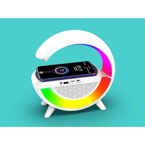 Wireless Charging Atmosphere Lamp with Bluetooth Speaker FM Radio 6 RGB Music sync Lighting Mode for Bedroom Office Birthday Gift for Women Men Girls Boys Ideas White 2023 Gift - 1 Month Cybzone Warranty
