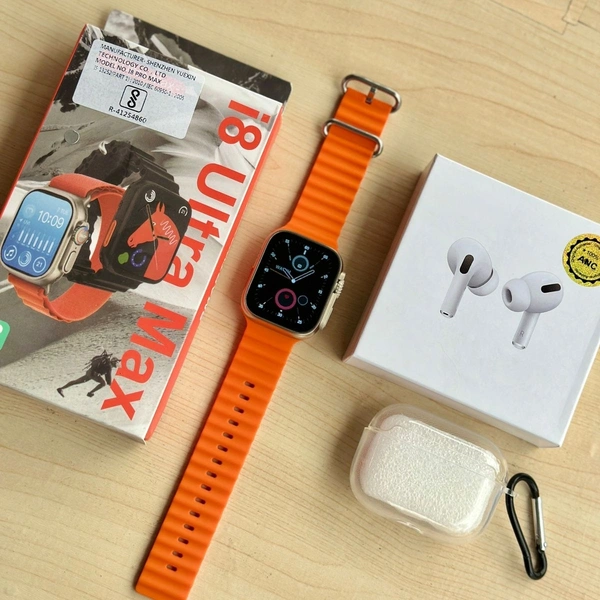 I8 Ultra Max Smartwatch And Air Pods Pro Awesome Quality With Premium Quality Silicon Case - Orange