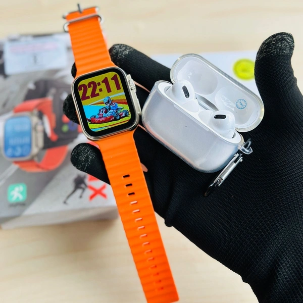 I8 Ultra Max Smartwatch And Air Pods Pro Awesome Quality With Premium Quality Silicon Case - Orange