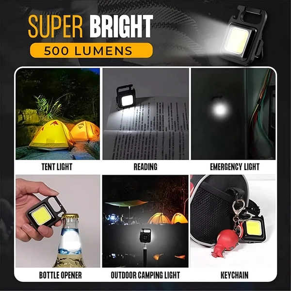 Soseelnee COB Keychain Light,Rechargeable Led Small Flashlight 500 Lumens Bright 4 Light Modes Pocket Emergency Work Light with Corkscrew & Magnet Base for Indoor Outdoor Use  - Pack 4