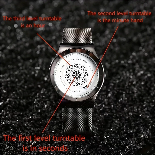 Unique Watche Men Fasion Turntable No Pointer Quartz Watch Clock Mesh Band Male Wristwatch Relogio Masculino Gift For Men