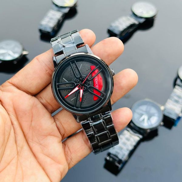 Car Wheel Watch, Stainless Steel Mens Wristwatch with Spinning Car Rim
