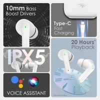 itel T1 Air Truly Wireless Earbuds with 20H Playtime, IPX5 Water Resistant, 10MM Bass Boost Drivers, Voice Assistant, Fully Touch Controlled and Type-C Charging (White)