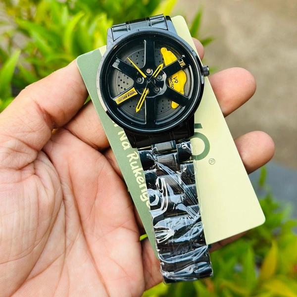 Car Wheel Watch, Stainless Steel Mens Wristwatch with Spinning Car Rim Hub Design, Quartz Movement, Water Resistant, Scratch Resistant Gifts for Car Enthusiasts - Yellow