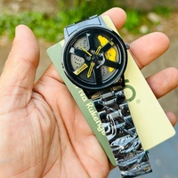 Car Wheel Watch, Stainless Steel Mens Wristwatch with Spinning Car Rim Hub Design, Quartz Movement, Water Resistant, Scratch Resistant Gifts for Car Enthusiasts - Yellow