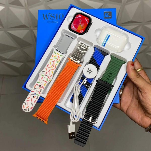 WS10 Ultra 2 7 Straps + 1 Smartwatch + Airpods Tws, Different Always On Display  - Black