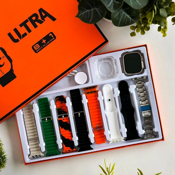 8 in 1 Strap Series 8 Ultra 49 MM Smartwatch | 7 Straps Premium Straps, Change Straps Every Day Of The Week, Means Within 7 Straps, Wireless Fast Charging Cable And Manual Book Included In Box