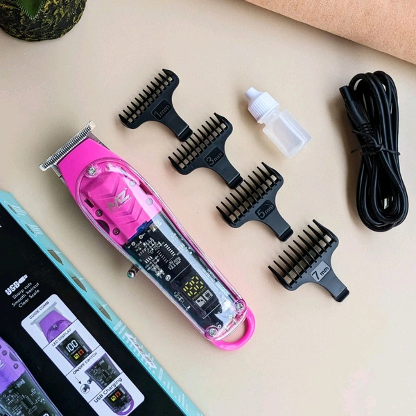 MZ M853T (PROFESSIONAL HAIR TRIMMER)Transparent Graffiti Blade With LED Display Trimmer 180 min Runtime 3 Length Settings (Pink)