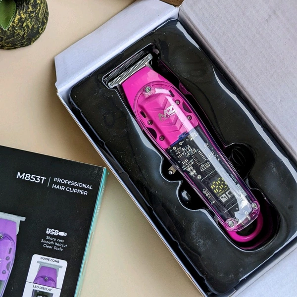 MZ M853T (PROFESSIONAL HAIR TRIMMER)Transparent Graffiti Blade With LED Display Trimmer 180 min Runtime 3 Length Settings (Pink)