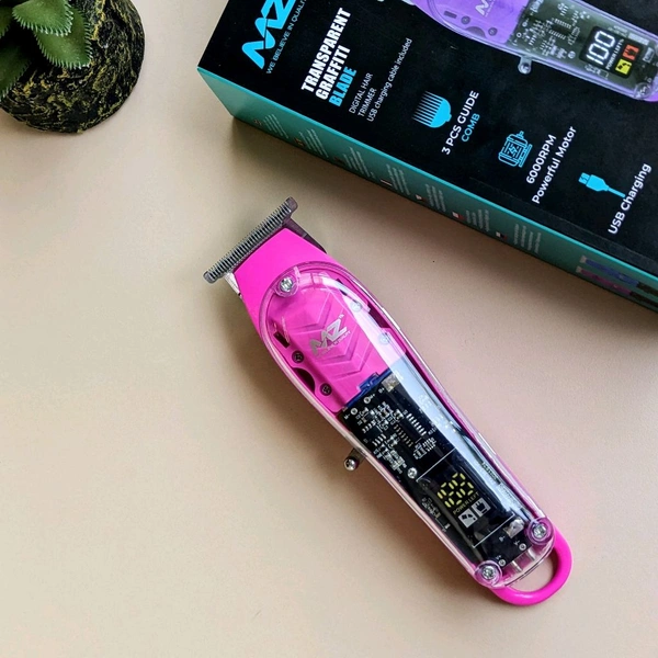 MZ M853T (PROFESSIONAL HAIR TRIMMER)Transparent Graffiti Blade With LED Display Trimmer 180 min Runtime 3 Length Settings (Pink)