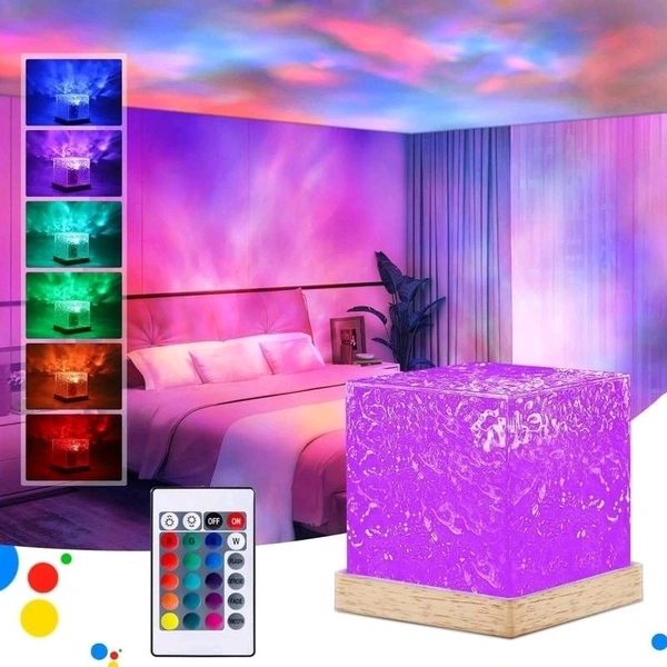 Romantic Projector Warm Ocean Wave Water Sixteen LED Night Light Projector 3D Water Wave Effect, Remote Control USB Crystal Table Lamp for Home Decor, Bedroom & Gift, Multicolor Light (Cube Shape) - Pack Of 2