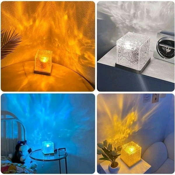 Romantic Projector Warm Ocean Wave Water Sixteen LED Night Light Projector 3D Water Wave Effect, Remote Control USB Crystal Table Lamp for Home Decor, Bedroom & Gift, Multicolor Light (Cube Shape) - Pack Of 2