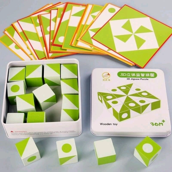 Wooden Pattern Cube 30 Geometric Shape Sorting Block Green/ Montessori Toys Toys for Kids.