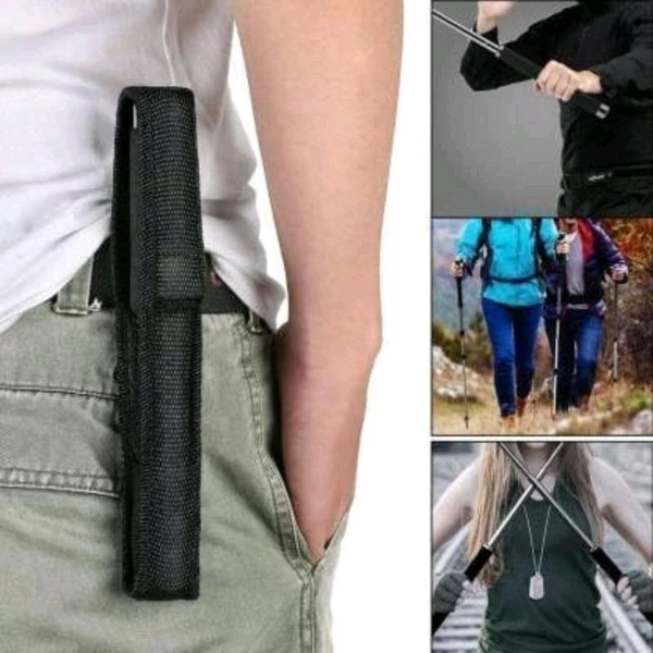 Personal Safety Foldable Stick with Comfortable Grip and Nylon Bag Cover Professional Multitool For Self-Defense and Security For Men and Women (Colour: Black/Silver).