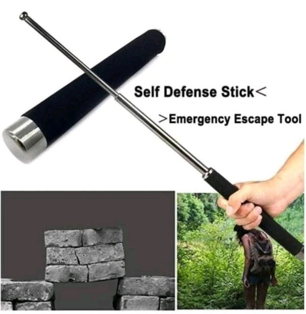 Personal Safety Foldable Stick with Comfortable Grip and Nylon Bag Cover Professional Multitool For Self-Defense and Security For Men and Women (Colour: Black/Silver).