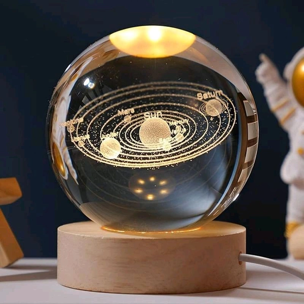 3D Crystal Ball Night Lamp With Woodern Base Solar System Crystal Ball Night Light, Bedroom Decor, ldeal Birthday Gift For Teens Men, Women, Kids, Boys, Girls.