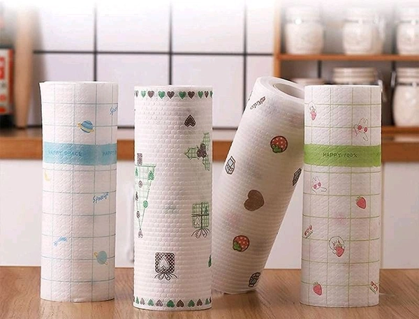 Non-Woven Reusable and Washable Kitchen Printed Tissue Roll Non-stick Oil Absorbing Paper Roll Kitchen Special Paper Towel Wipe Paper Dish Cloth Cleaning Cloth - Pack Of 1