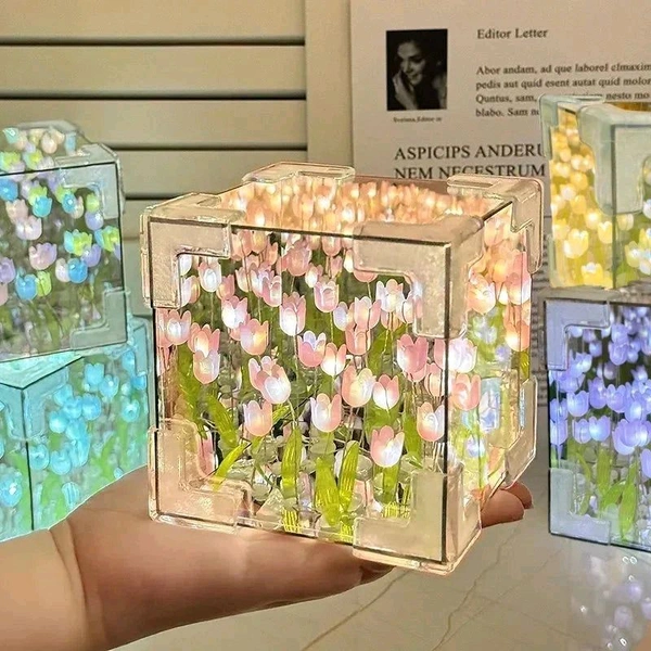 Tulip Lamp Handmade Flower Light Tulip Night Light Decorative Lamp Cute Night Light Cozy Lighting Atmosphere Decorative Lamp Artificial Flowers (1 PCS Cube Tulip Lamp)(Make it Yourself, DIY) - Prepaid orders only accepted