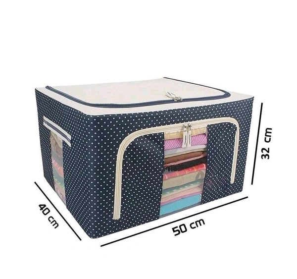66 LTR Foldable Steel Frame Cloths Zip Organizer Bag and Oxford Fabric Storage Living Cover Boxes For Wardrobe Shelves Clothes, Sarees, Bed Sheet, Blanket, Cosmetic Organizer, Top and Front Zipper Open Bags