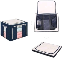 66 LTR Foldable Steel Frame Cloths Zip Organizer Bag and Oxford Fabric Storage Living Cover Boxes For Wardrobe Shelves Clothes, Sarees, Bed Sheet, Blanket, Cosmetic Organizer, Top and Front Zipper Open Bags
