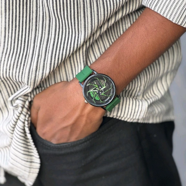 Gyro Spinning Car Alloy Rim Wheel Watch | Car Wheel Watch, Mens Wristwatch with Spinning Car Rim Hub Design, Quartz Movement, Gifts for Car Enthusiasts - Green